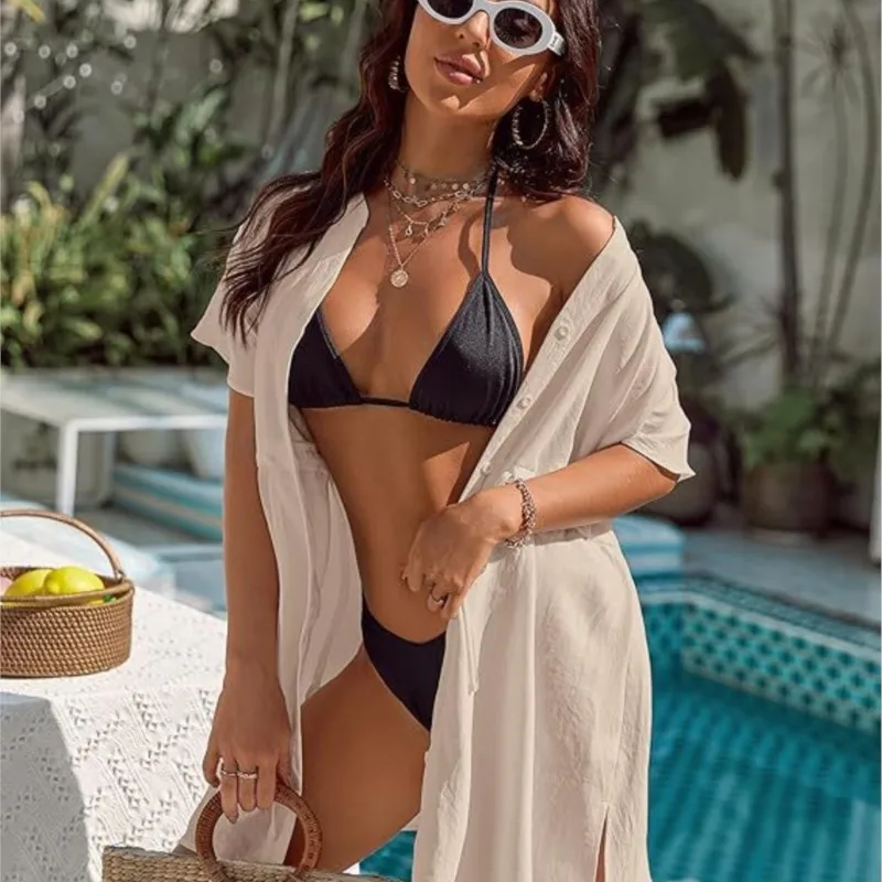 Boho-Damen-Sexy-Kleid 2025, Sommer, neues V-Ausschnitt, einfarbig, weiß, Schnürkleid, Urlaub am Meer, Stil, Bikini-Bluse, Strandrock für Damen