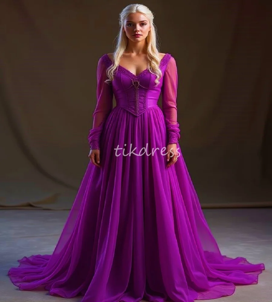 

Elegant Duchess Purple Prom Dress 2025 V Neck Long Sleeve Maxi Evening Dress Beaded Movies Cosplay Formal Dress Chic Customized