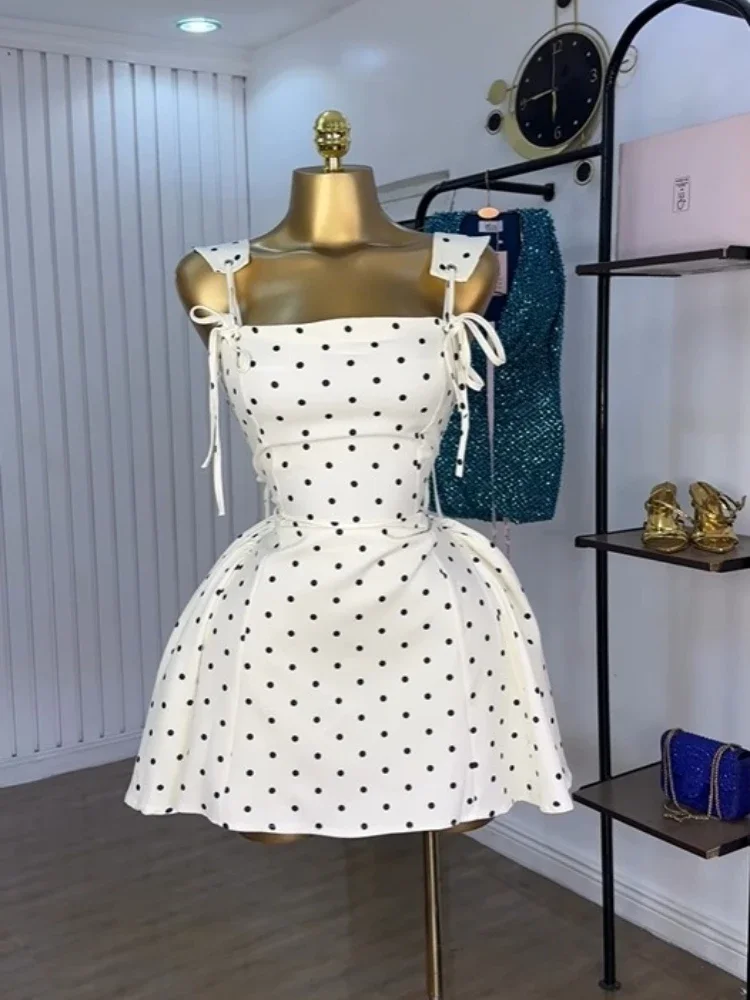 BWQ Donna Dot Stampato Slash Neck Canotta A-line Grembiule Mini abito 2025 Vacanze estive Festa di compleanno Abiti Vestiods
