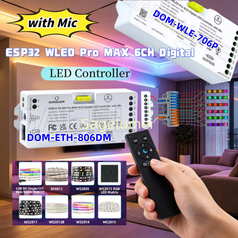 New Pro MAX DOMRAEM ESP32 WLED LED Controller Ethernet WiFi UART PDM Mic Relay Music Sync 6CH Digital Pixel for WS2812B SK6812