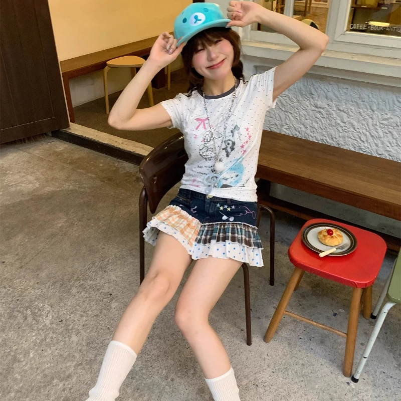 Original Design Japanese Women's Mini Skirt New Summer Plaid Corrugated Splicing Zipper Versatile Denim Shorts Skirts Ladies