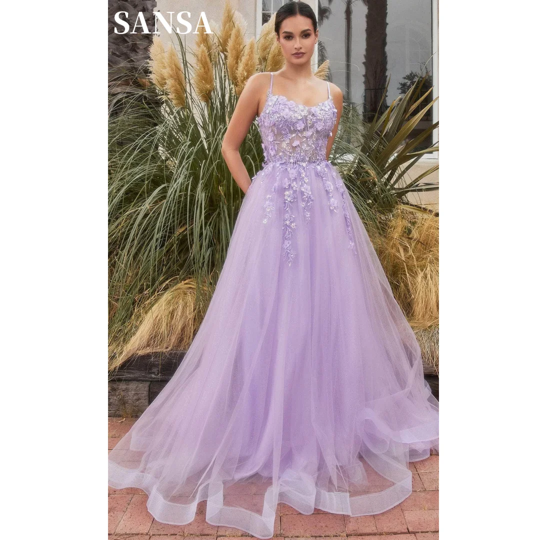 

Sansa Lavender فساتين السهرة Princess 3D Flower Lace Vestidos De Noche Spaghetti Strap Corset A-line Tulle Prom Dresses 2024