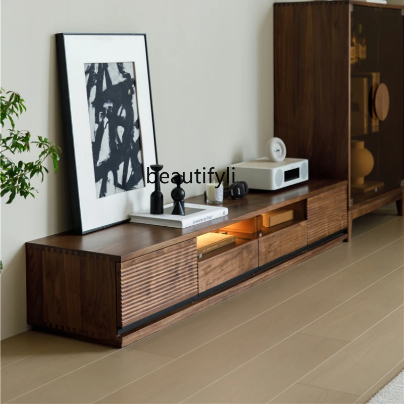 

yj15 Nordic Black Walnut Wooden TV Cabinet Living Room with Light Japanese Simple Style Solid Wood Floor Visual Cabinet