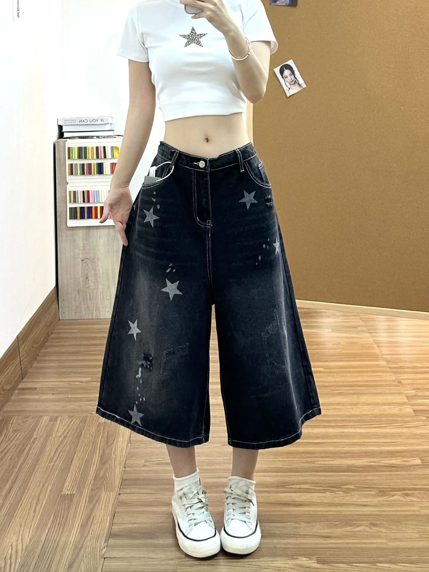 

Retro Washed Distressed Wide Leg Seven-Foot Pants Women Summer Black Grey Star Print Loose Straight Jeans Mid-Length Trousers
