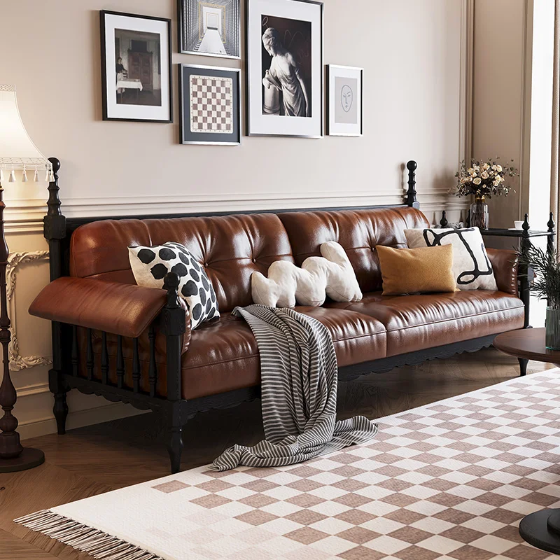 

French retro solid wood leather sofa small apartment medium and ancient style first layer cowhide American straight row