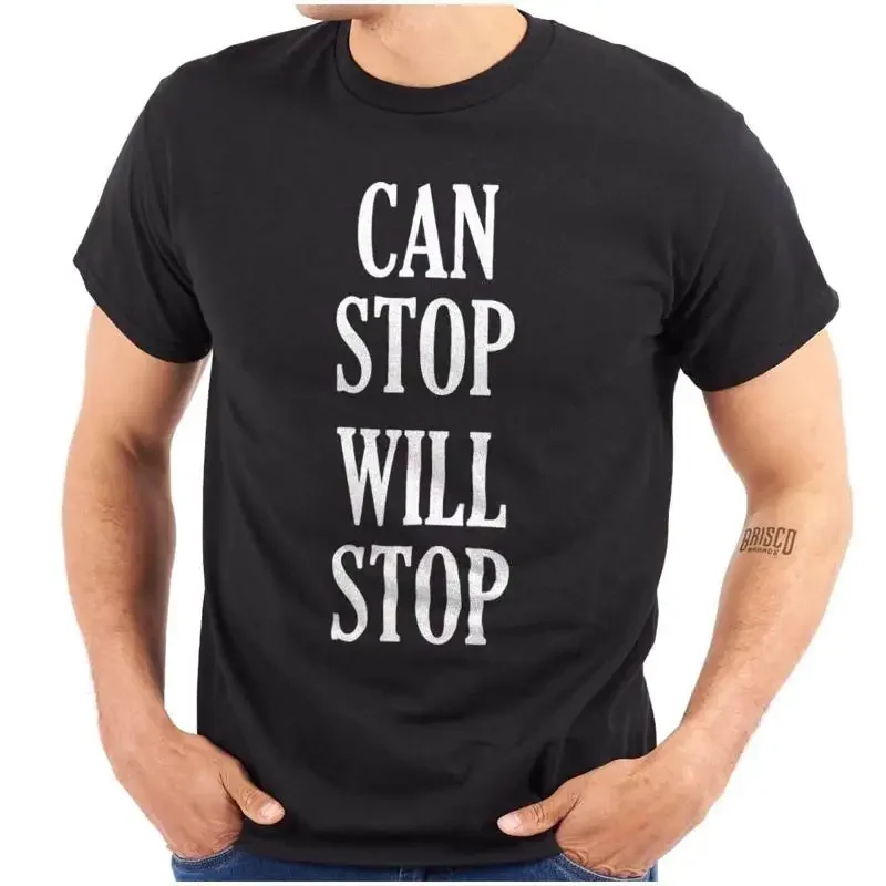 Camiseta con cuello redondo para mujer o hombre con texto en inglés "Funny Song Lyric Pun Can Stop Will Stop Broke"