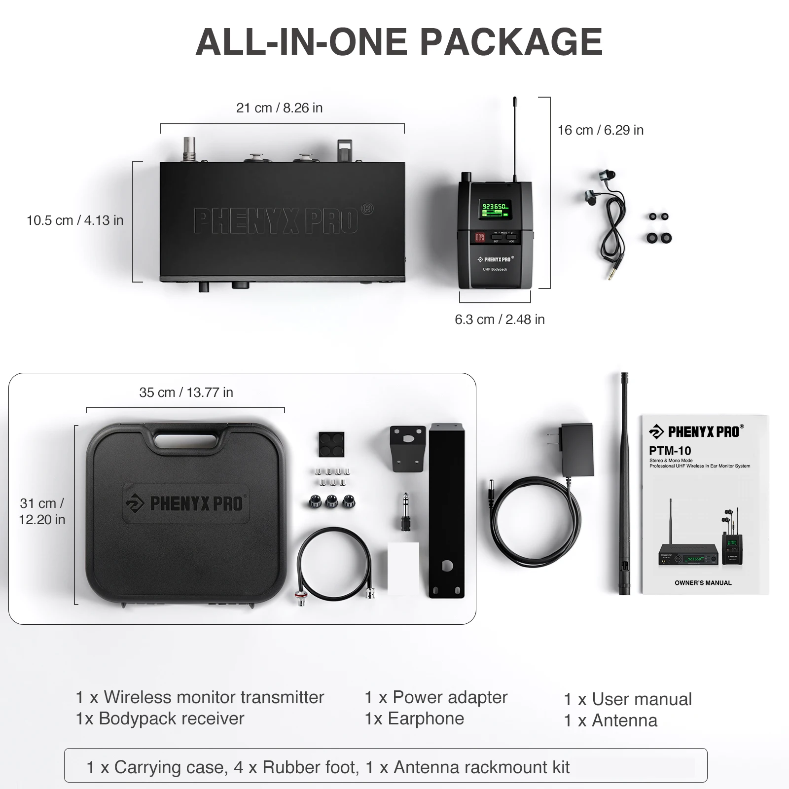 Phenyx-sistema intra-auricular sem fio, transmissor de áudio estéreo uhf e receptor do corpo, metal ptm-10, 900mhz/500mhz