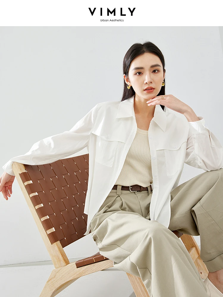 Vimly Spring White Shirt for Woman Lyocell Lapel Straight Loose Shirts & Blouses 2024 New Casual Simple Long Sleeve Top M5355