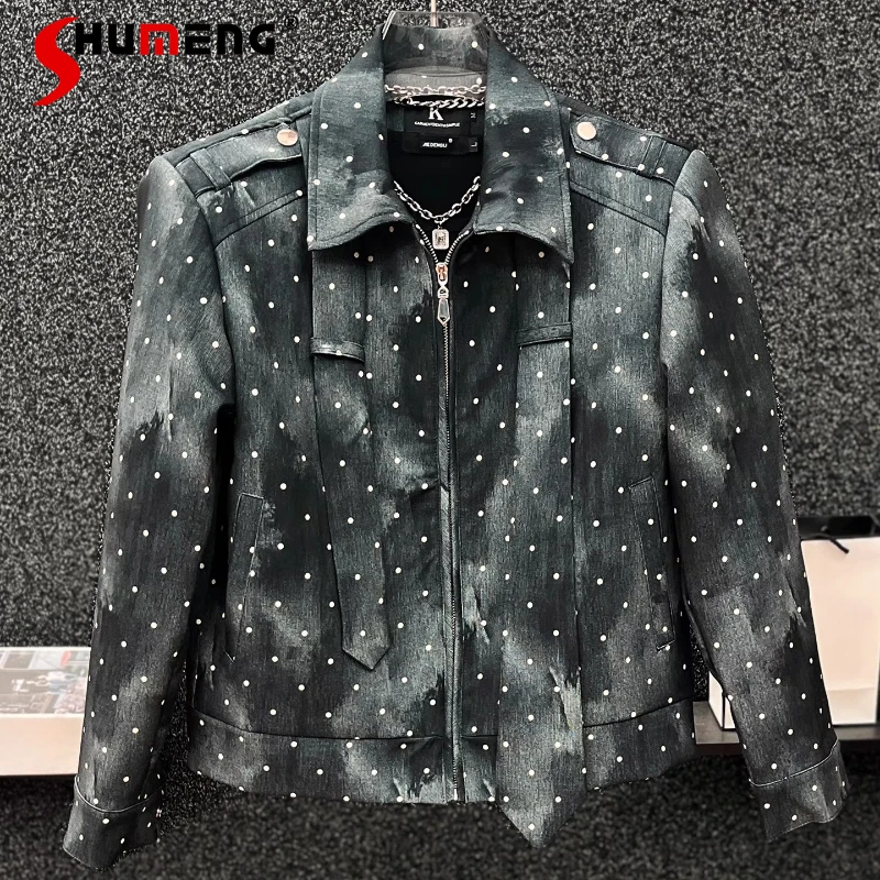

Men's 2025 Autumn New Fashion Loose Jackets High Street Stylish Trendy Ribbon Jackets High-end Lapel Tie-dye Short Style Coats
