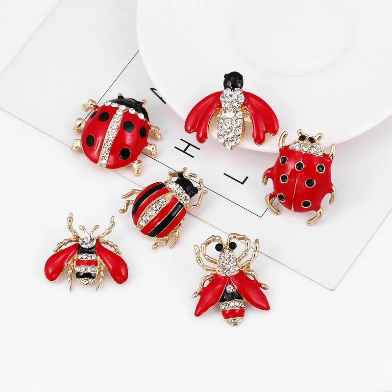 Baiduqiandu Brand 12 Mixed in a Card Crystal and Enamel Ladybird Insects Brooch Pins Sets