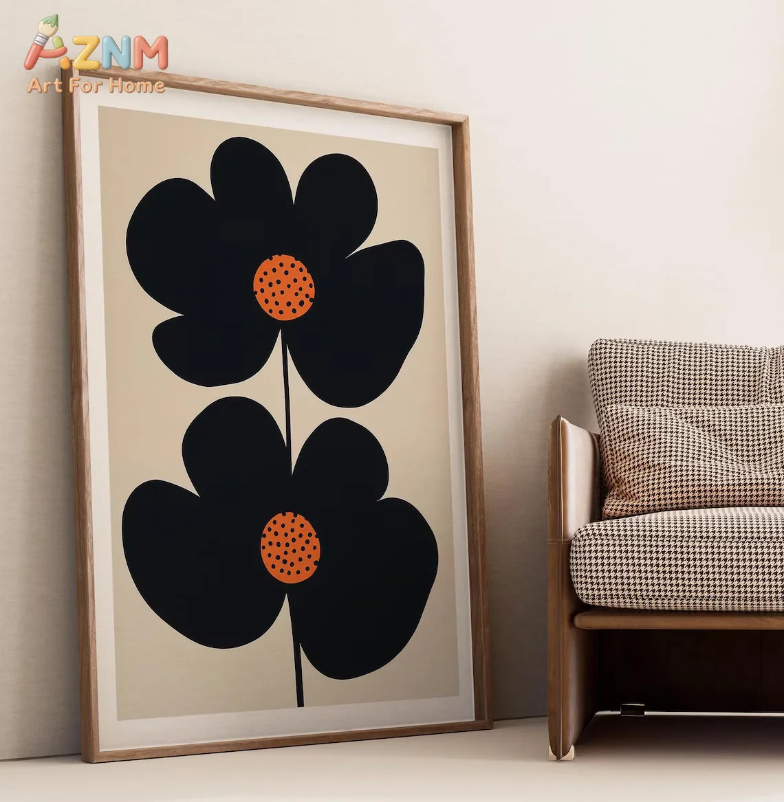 AZNM Minimalist Black Flower Canvas Print Abstract Floral Orange Dot Center Beige Background Simple Modern Wall Poster Unframed