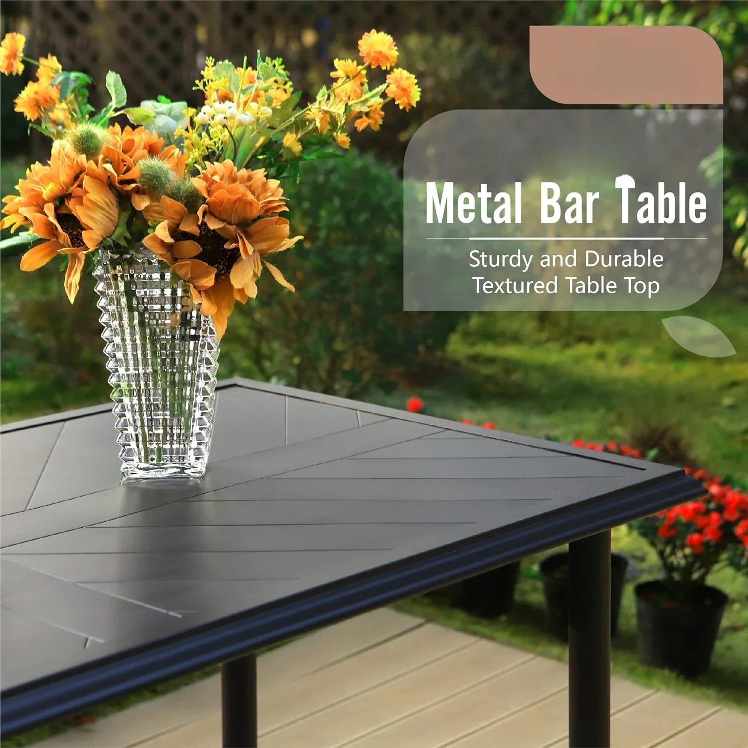 Patio Swivel Bar Set,Large Metal Table and Bar Chairs w/ Breathable Fabric,Black Thickened Frame &360 Degree Swivel Chairs