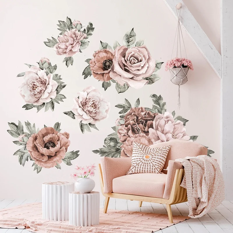 Large Peony Flower Wall Stickers Decal Living Bedroom Vinyl Colorful Pink Rose Flowers Wallpaper 3D Art Minimalist Decoration