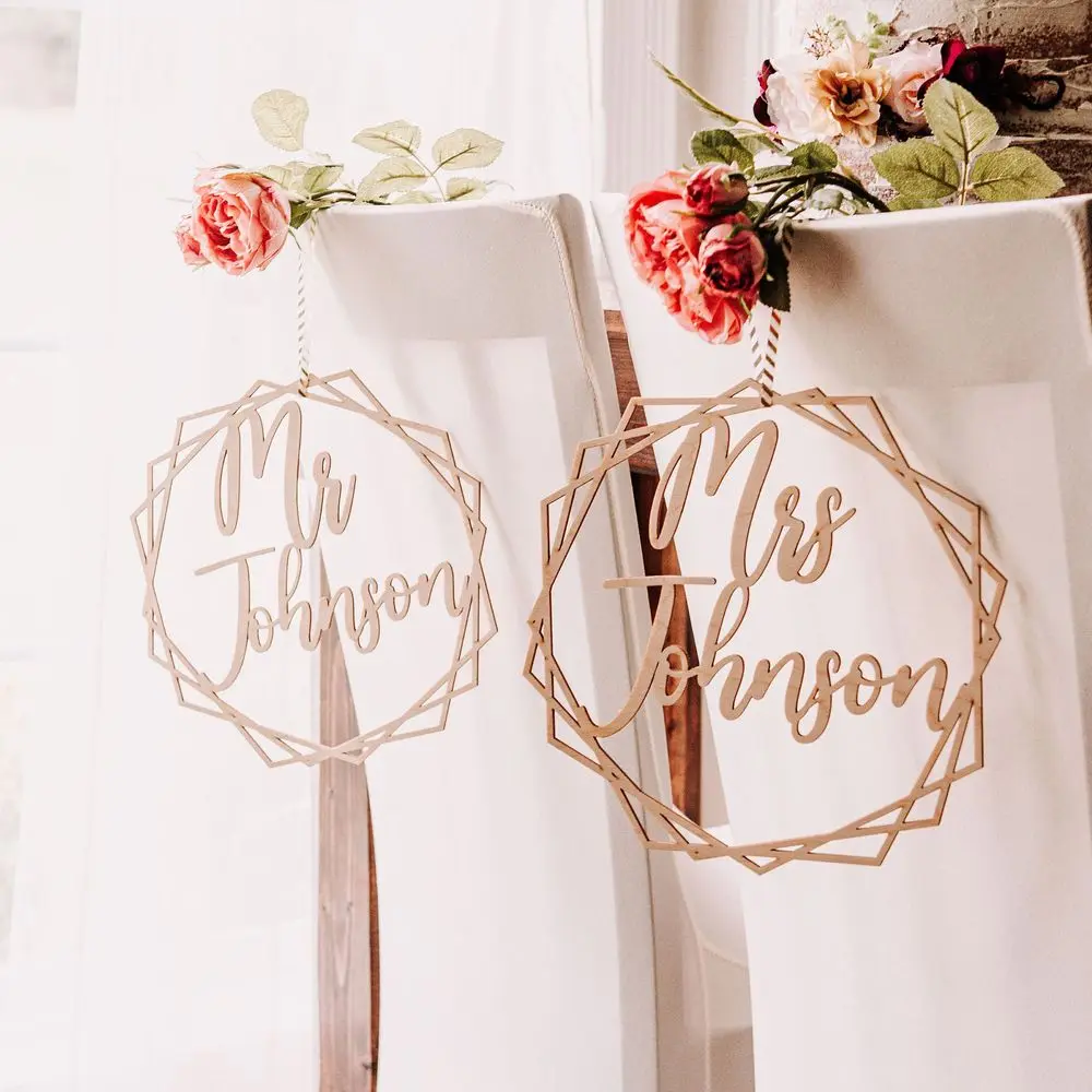 2 Stuks Gepersonaliseerde Bruid En Bruidegom Bruiloft Stoel Terug Teken Mr En Mrs Houten Stoel Decor Ronde Of Hart Party tafel Decoratie