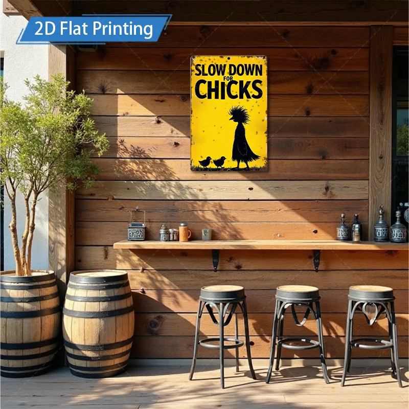 [2D FLAT] علامة معدنية مكونة من قطعة واحدة، علامة معدنية صفراء ريفية مقاس 8 × 12 بوصة "تأهل للفرخ" مع فن صورة ظلية للدجاج