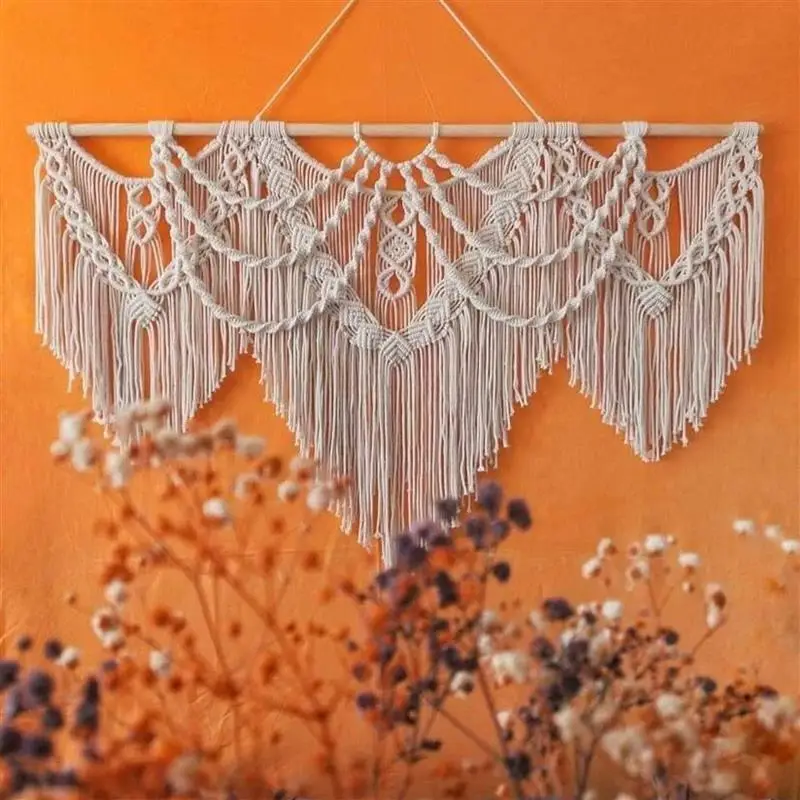 Colorful Cotton Macrame Tapestry Boho Style Wall Hanging Tapestry  Handmade Artistic  Macrame Tapesties with 3 pcs Stick