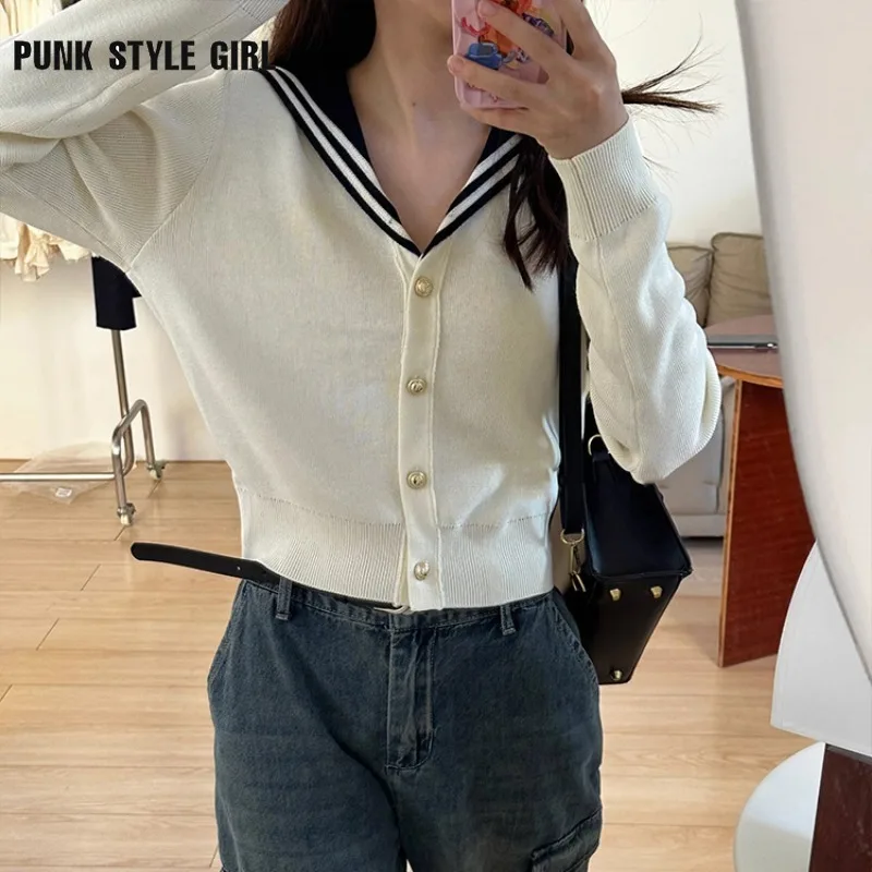 2024 Sailor Collar Vintage Women Cardigan Preppy Style Basic Sweater Korean Spring Knitwear White Jumper Japanese Aesthetic Tops