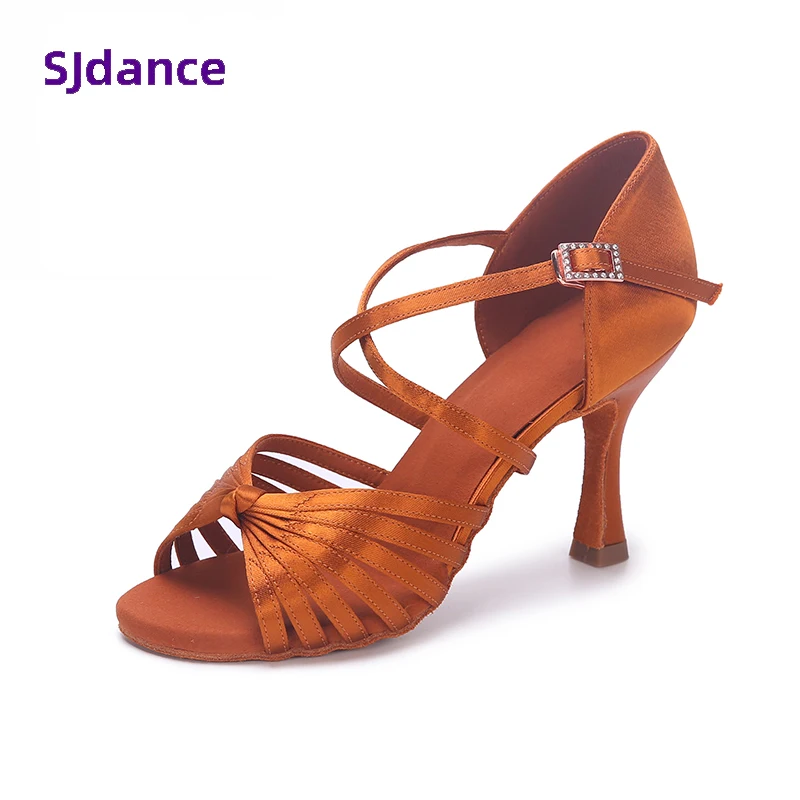 Professional Latin Dance Shoes Classic Model Conformtable Dark Tan Satin Rumba Chacha Shoes Latino Daning Sandals High Heels