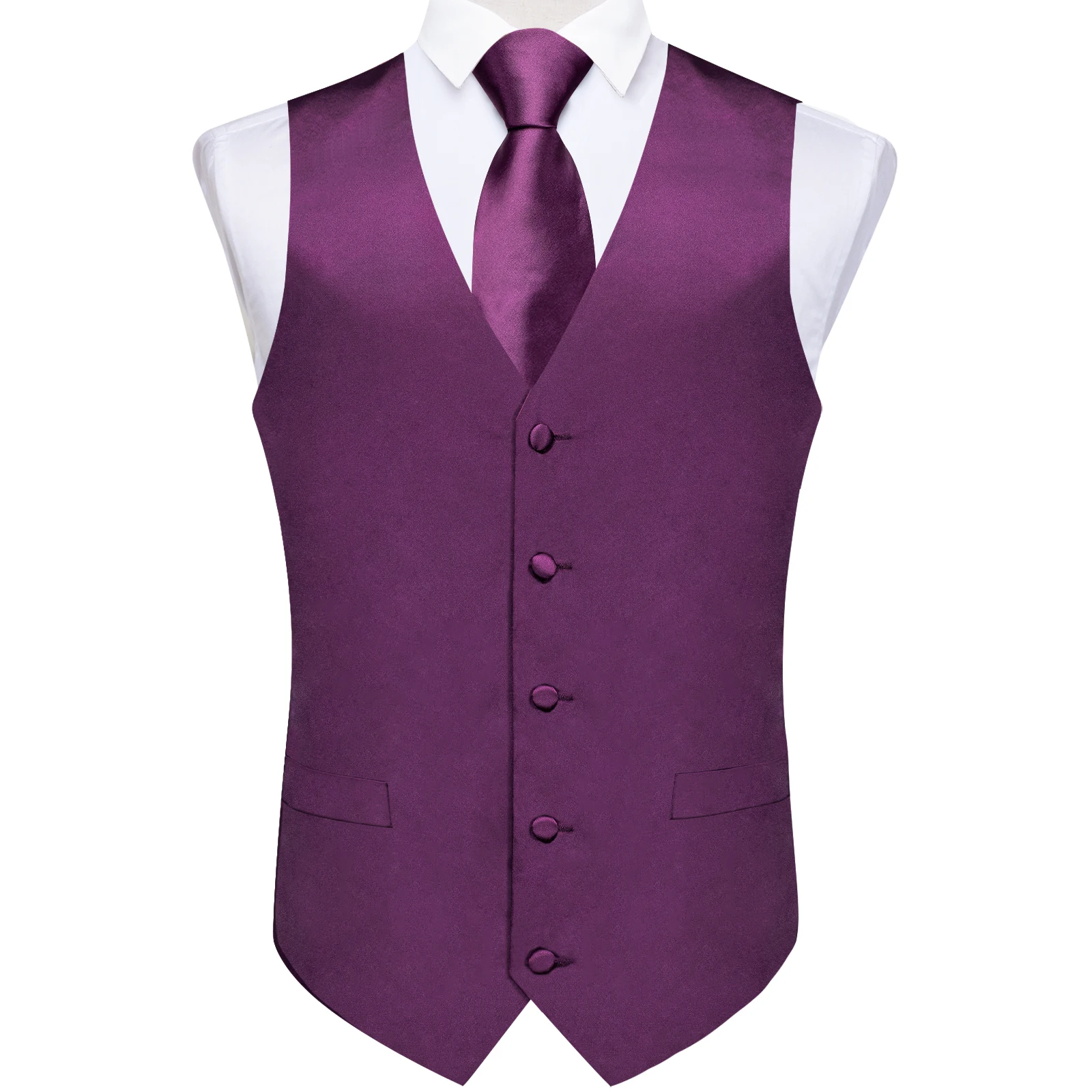 Satin Purple Solid Men\'s Vest Necktie Pocket Square Cufflinks Set Sleeveless Waistcoat for Wedding Business chaleco hombre Gifts