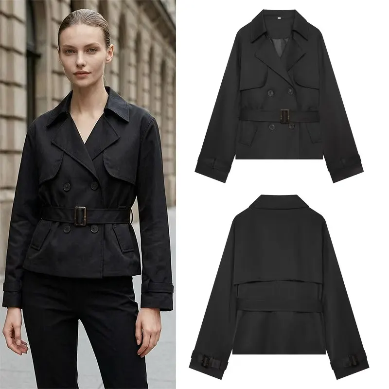 Women's Double Breasted Bomber Jacket Turn-down Collar Long Sleeve Casual Warm Fashion Chic Parka Trench Outerwear for Autumn