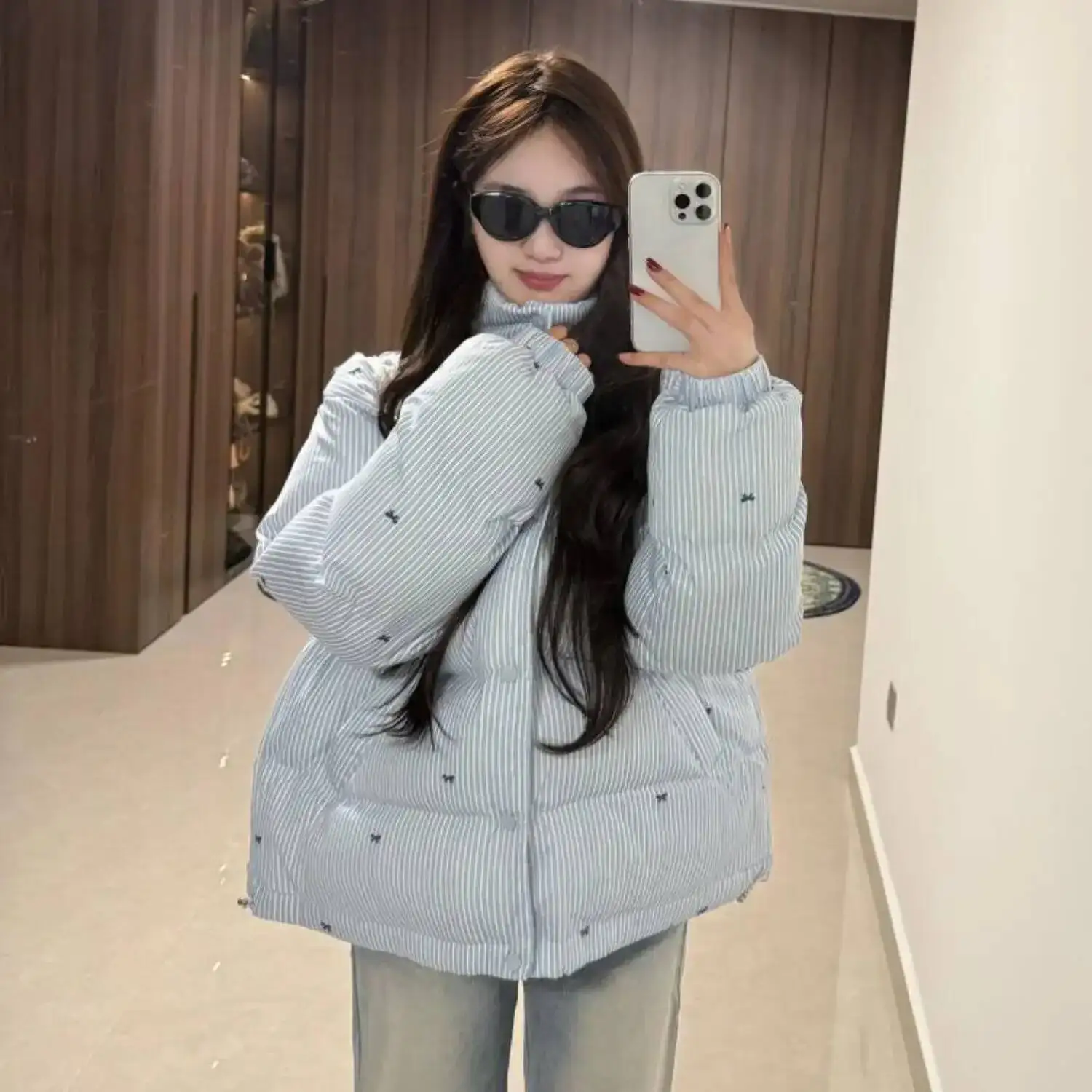 الكورية نمط الحلو بارد مخطط فراشة عقدة طباعة سميكة سترة قطن المرأة شتاء موضة جديدة ملابس خارجية دافئة #4