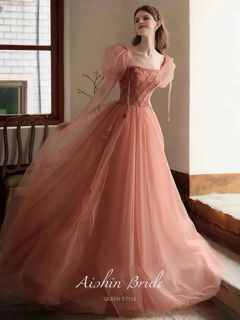 Orange Pink Evening Dress Strapless Puff Sleeves Luxury Beading Tulle Applique A Line Wedding Party Celebrity Prom Gown 2023 New