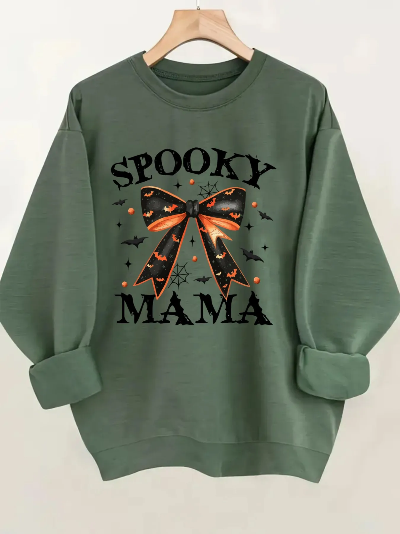 Women's Crewneck Pullover Sweatshirt Spooky Mama Bow Design, Soft Casual Long Sleeve, Daily Casual Top Outfit, Winter Women's Clothing, Halloween Costume Outfit