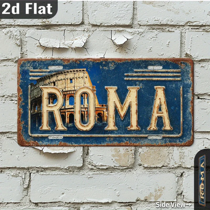 مسطح ثنائي الأبعاد، قطعة واحدة من لوحة ترخيص معدنية من روما الإيطالية العتيقة - ديكور كولوسيوم روما القديم مع الطباعة المتعثرة #2