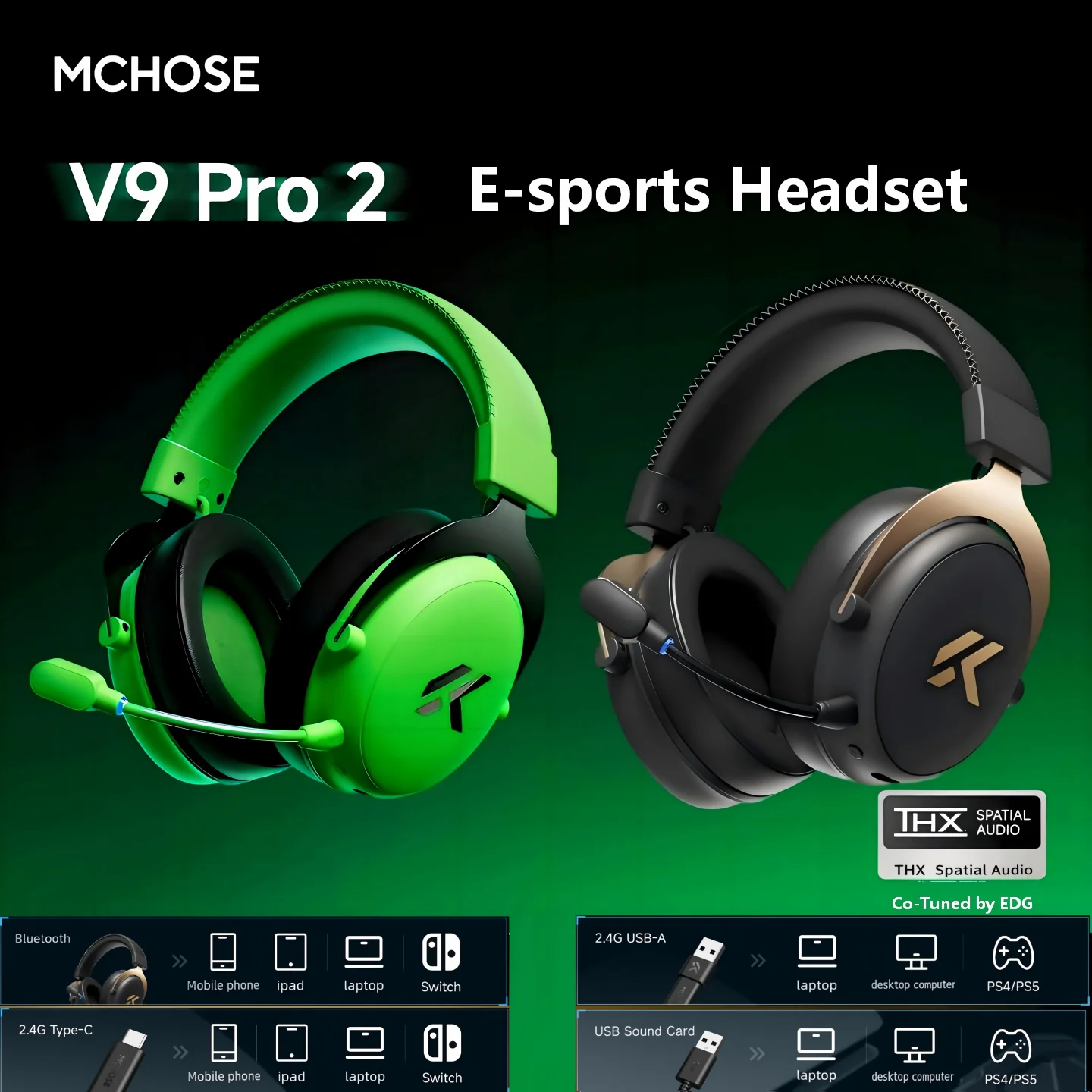 MCHOSE V9 Pro 2 E-sports  Wireless Gaming Headset 4-Mode THX Spatial Audio 53mm Driver Over-Ear 300h Battery EDG Co-Tuned