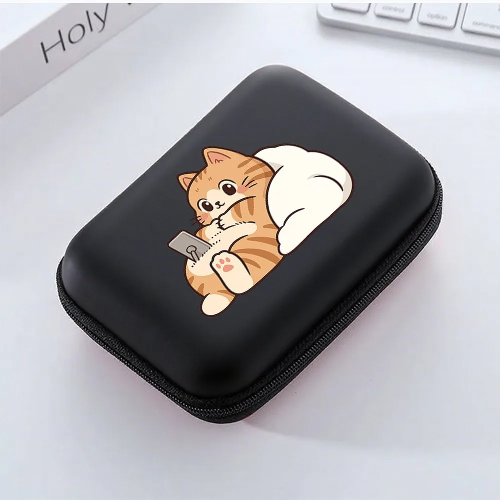 Cute Cartoon Cat Playing Phone Pattern Portable Storage Case Zipper Carrying Pouch Bag Box for Earphone Date Cable Organizer