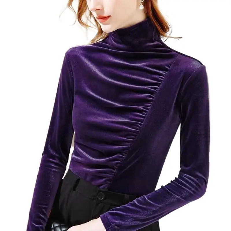 

2024 Autunm and Winter women turtleneck Pleated slim gold velvet tops, Elegant Korean office lady Spring folds velour shirts