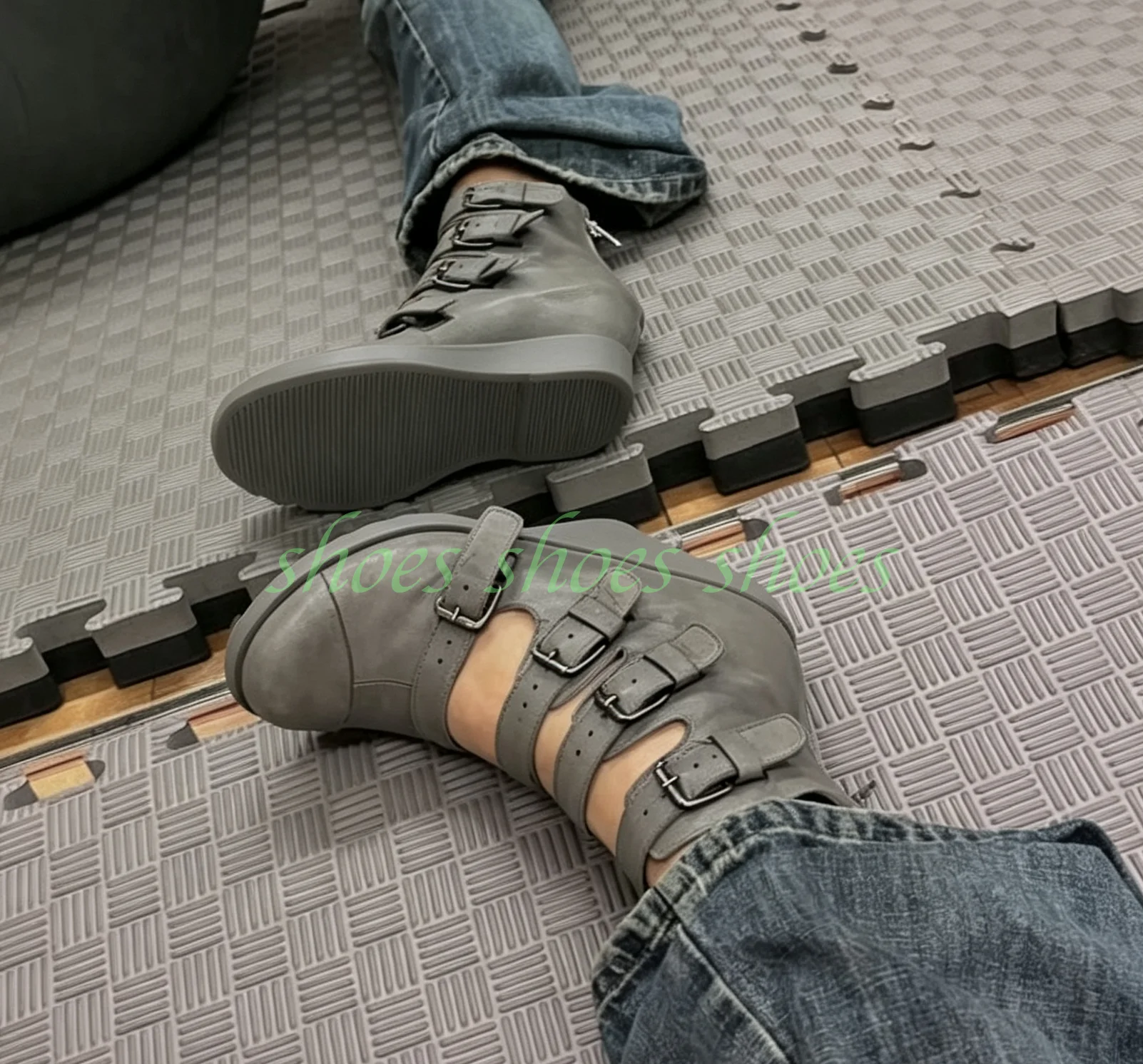 Gothic Grey Faux Leather Multi Buckle Cutout Ankle Boots Women Gladiator Style Zipper Hollow Out Combat Short Runway Booties 46