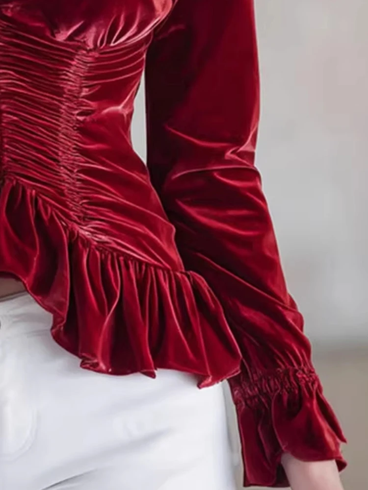 

Vintage Velvet Top Women's Fashion Slim Fit Pleated Blouse Elegant Suit Collar Ruffle Hem Long Sleeve Early Spring Shirt Blouse