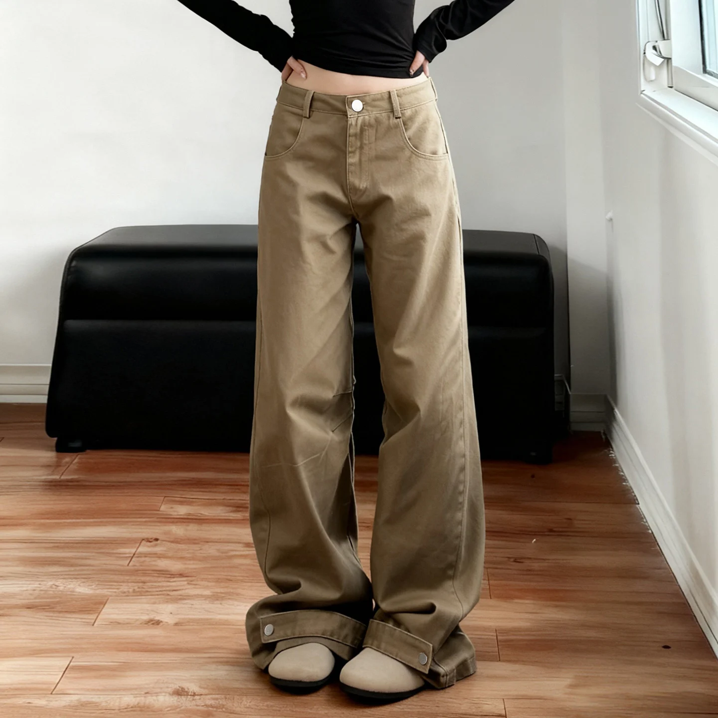 SUCHCUTE Khaki Jeans Women Basic Straight-Leg Denim Long Pants Y2K Streetwear 90s Loose Trousers Spring All match Outfit Casual