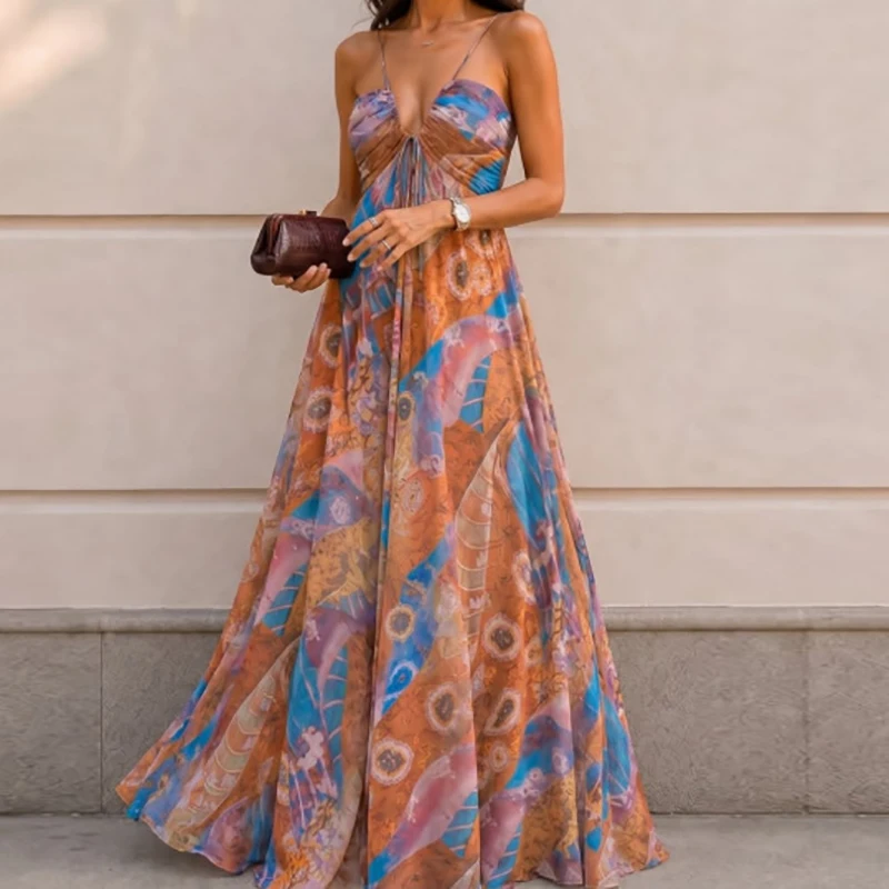 Women Sleeveless Backless Long Dresses Fashion Pattern Print High Waist Maxi Dress Spring Sexy Lace-up Halter Hollow Party Dress