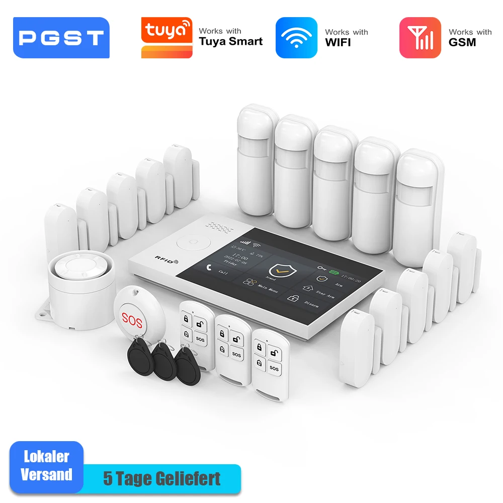 PGST Einbruchmelder Set intelligent WiFi 2G GSM Works with Tuya Smart Life drahtloses Sicherheitssystem für Haus Wohnung Büro App Steuerung einfache Installation ohne monatliche Gebühren
