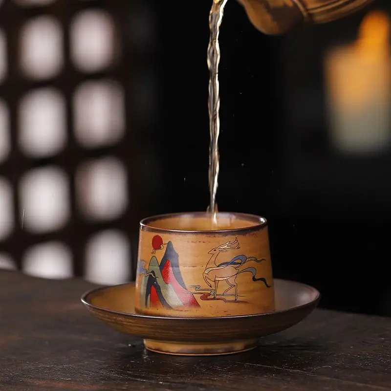 

Chinese Style Antique Kung Fu Tea Cup Ceramic Coffee Cup Underglaze Color Hand-painted Cup Dish Kitchen Utensils