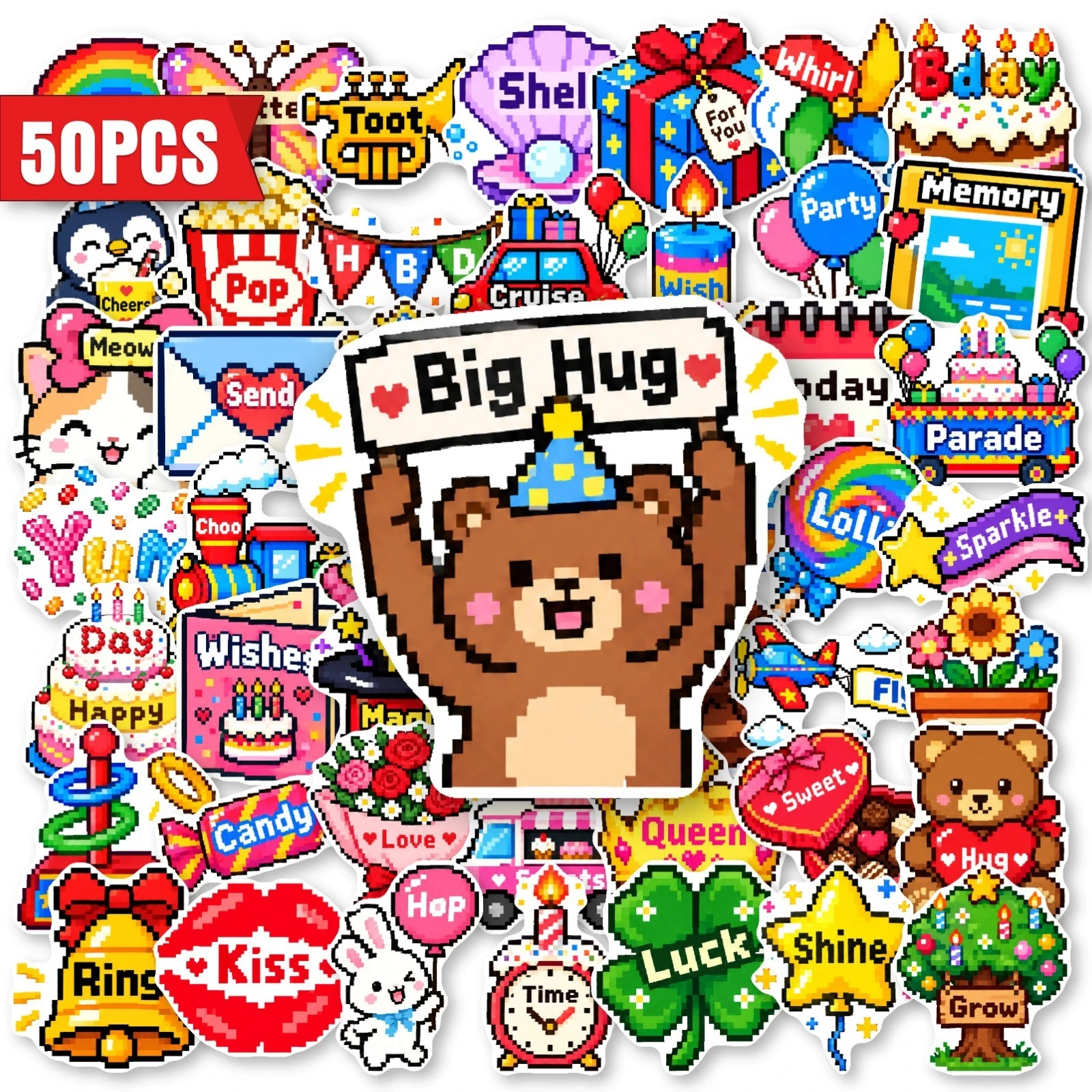 50pcs Pixel Style Birthday Party Stickers Retro Cake Gift Cute Animal Waterproof for Notebook Phone Case DIY Decor