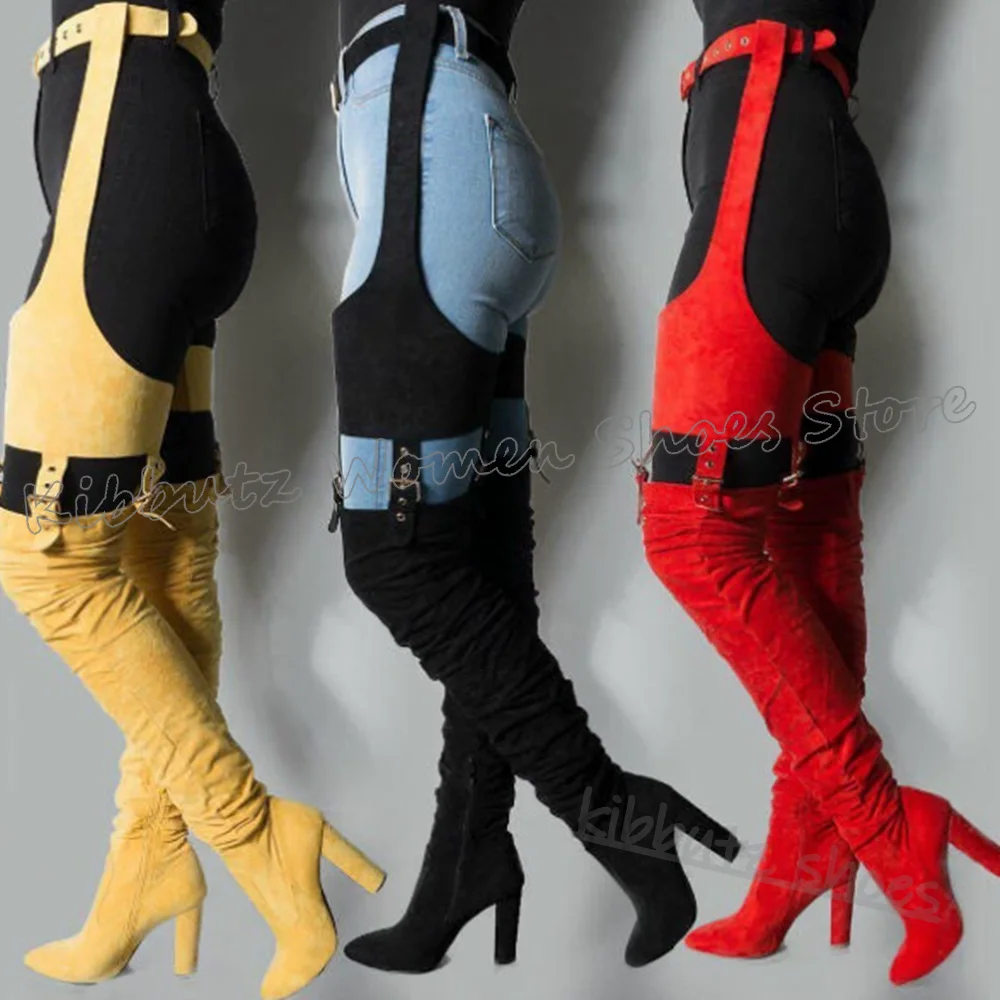 Suede Belt Buckle Boots Above The Knee Solid Color Pointy Chunky Heels Zipper Novelty Sexy Fashion Spicy Girls Shoes New Luxury