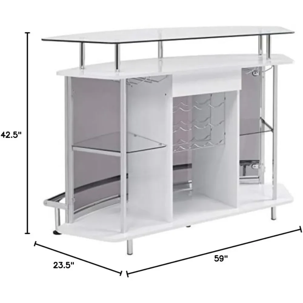 Modern Home Bar Table Wine Storage Cabinet, Tempered Glass Top & Shelves Smoked Acrylic Panels, White High Gloss & Chrome