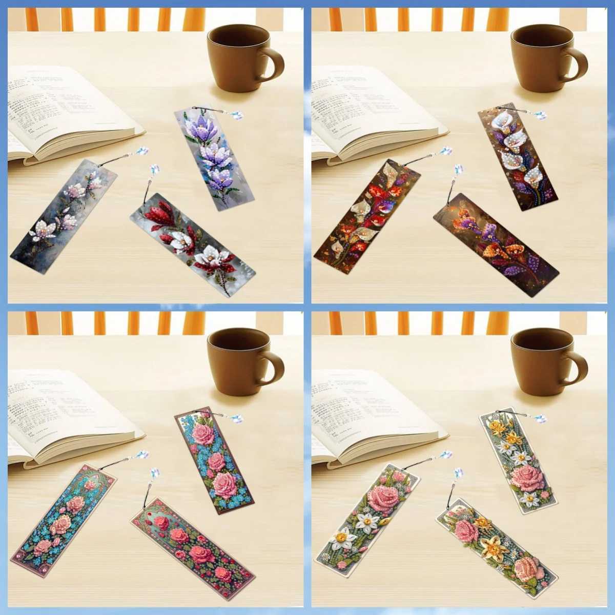 3 DIY-Lesezeichen mit Blumenmuster und Diamantkunst, Kristallanhänger für Erwachsene, Acryl-Lesezeichen als Buch- und Notizgeschenke für Freunde