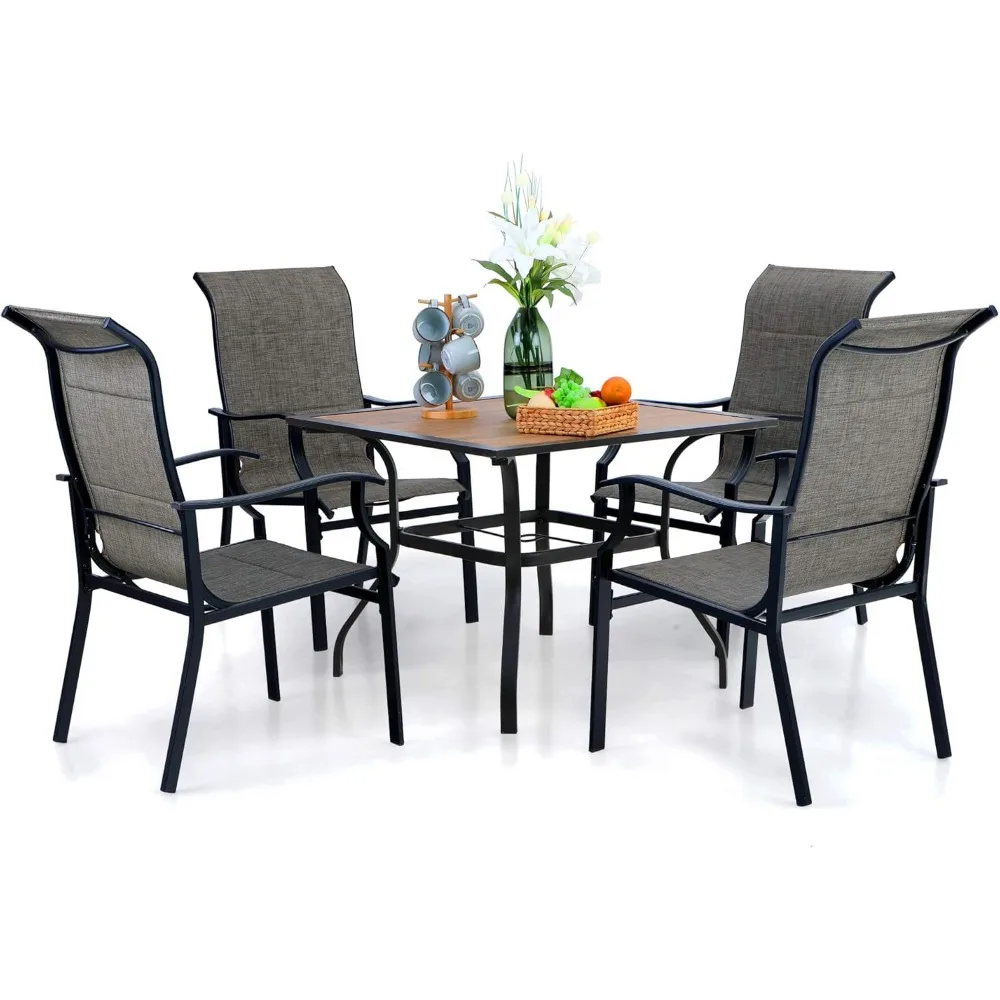 

5 Piece Outdoor Patio Dining Set, Square Wood Grain Metal Table with 1.57” Umbrella Hole & 4 Patio Gray Sling Chairs for Deck,