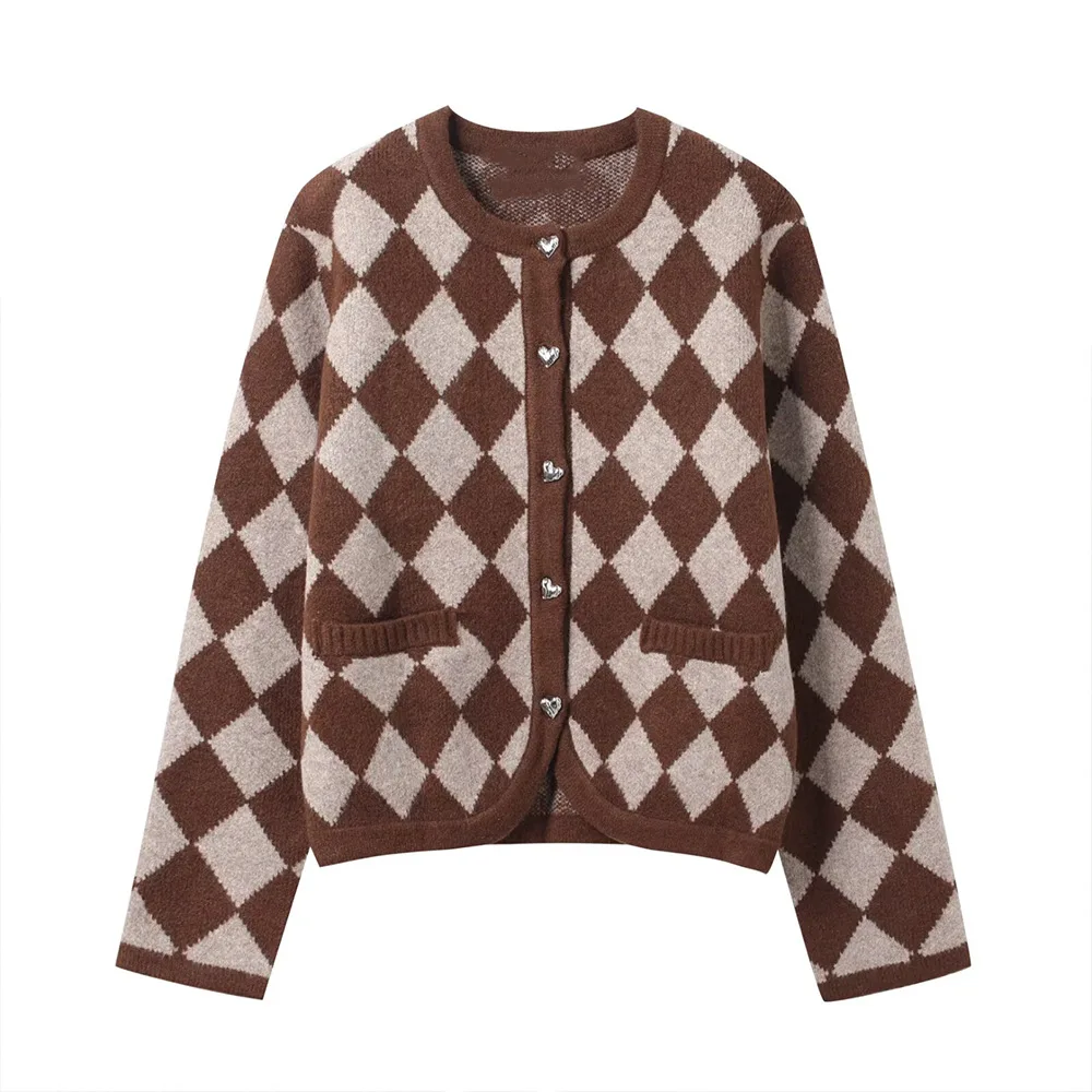 

Woman's Diamond Knitted Cardigan Round Neck Long Sleeves Heart Single-breasted Pockets Elastic Hem Sweater Autumn New Chic Top