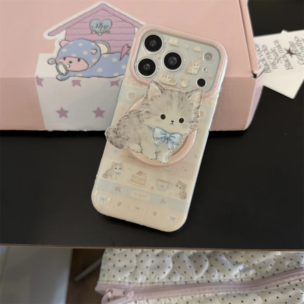 Ins Kawaii Pastel Cat Phone Case For iPhone 17 Pro Max 16 15 Pro Max Magnetic Cat Grip Holder Cute Shockproof Soft Cover