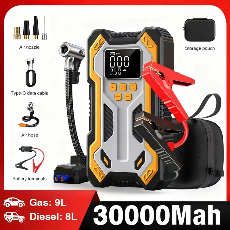 

Car Jump Starter With Air Compressor LCD Screen 30000mAh Portable Booster Charger 7000A Powerful Car Battery Starting Devi