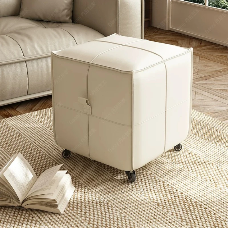 Minimalist Rolling Stool, Entryway Shoe Changing Stool, Skin-Friendly Upholstered Square Stool, Solid Wood Sofa Stool w/ Wheels