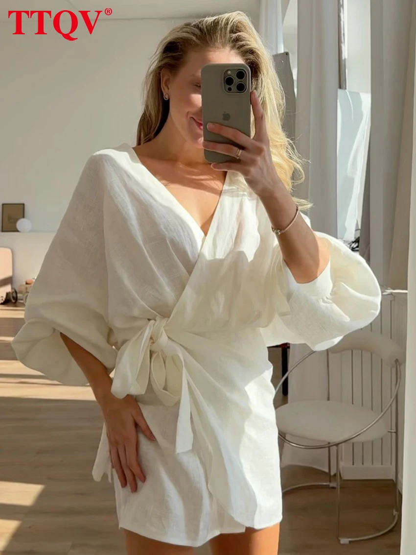 

TTQV Fashion Loose White Cotton Women's Dress 2026 Sexy V-Neck Long Sleeve Mini Dresses Elegant Classic Lace-Up Female Dress