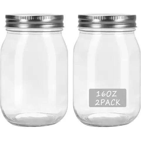 Pair of 16oz Clear Glass Mason Jars with Lids | Airtight, Odor-Proof for Canning, Food Storage, and More