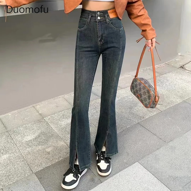 Duomofu Light Blue Chicly High Waist Slim Female Flare Jeans Autumn Classic Split Simple Casual Fashion Full Length Women Jeans