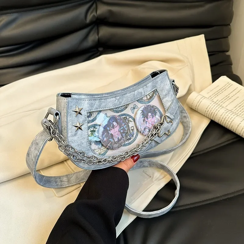 MBTI Laser Silver Shoulder Bag for Women Designer Casual Fashion Transparent Lolita Ita Bag Jk All-match Chain Y2k New Handbag